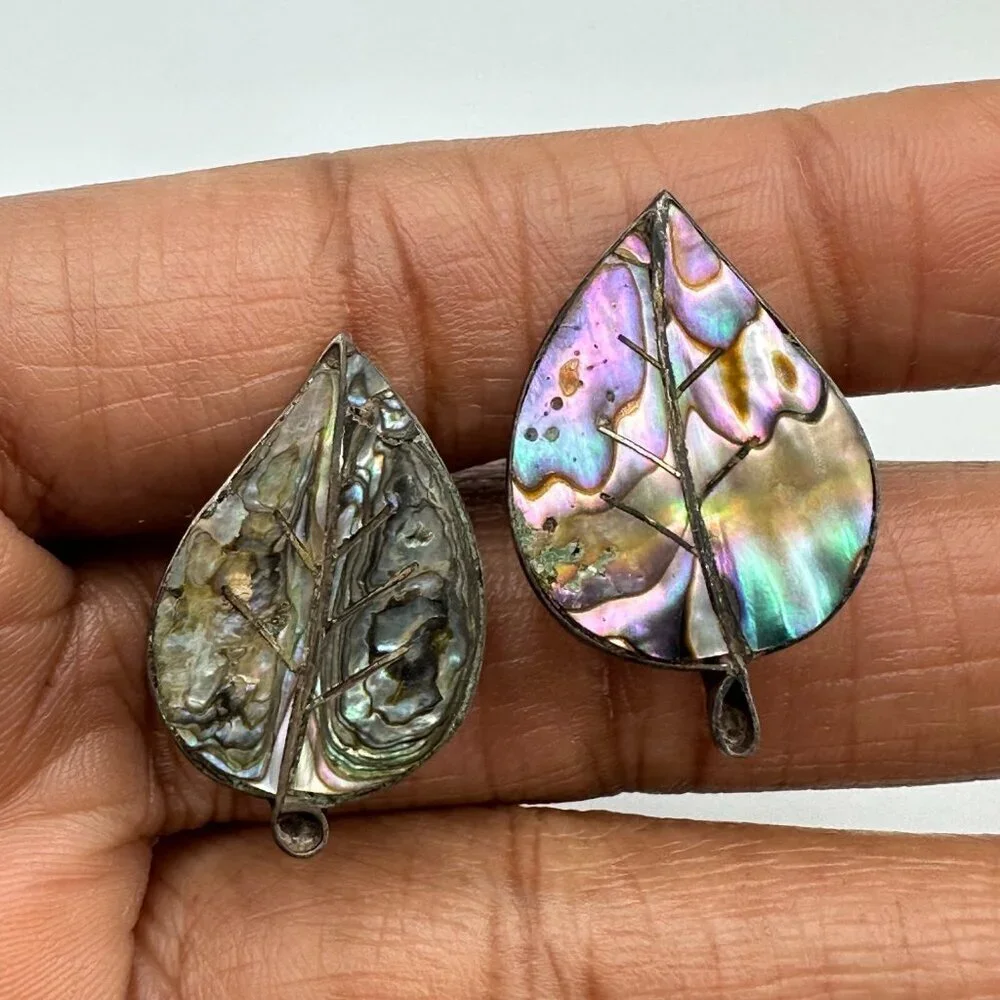Vintage Abalone Leaf Earrings Screw Backs Sterling Silver Iridescent Shell